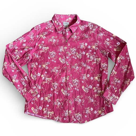L.L. Bean Tops - L.L. Bean Women’s Sz M Red Corduroy Floral Button Down Shirt Casual Cottagecore